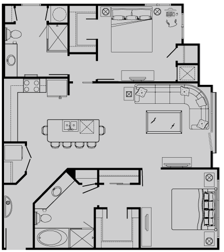 Floor plan for 2 beds, 2 baths, 1151 sqft