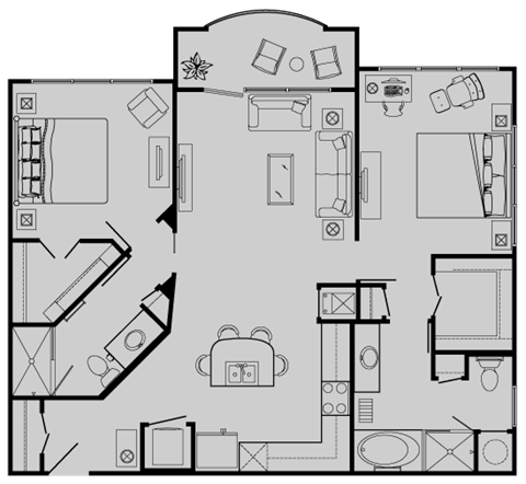 Floor plan for 2 beds, 2 baths, 1071 sqft