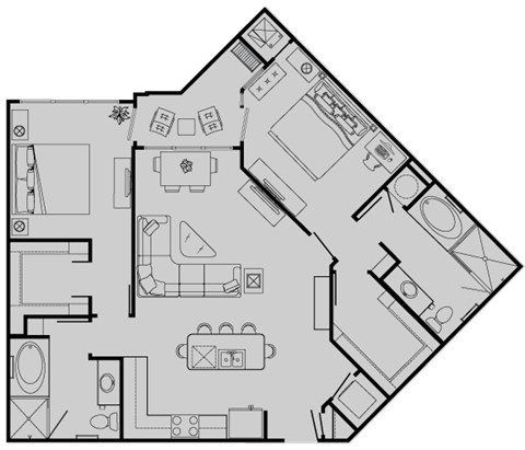 Floor plan for 2 beds, 2 baths, 1138 sqft
