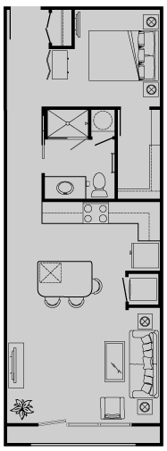 Floor plan for studio, 1 bath, 631 sqft