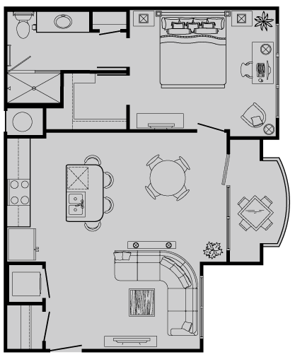 Floor plan for 1 bed, 1 bath, 707 sqft