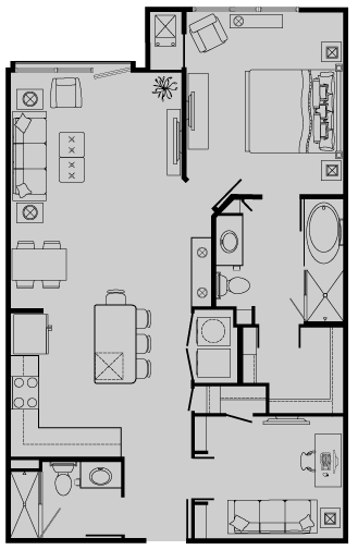 Floor plan for 1 bed, 2 baths, 994 sqft