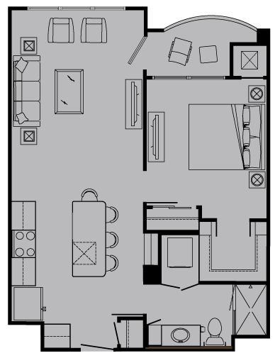 Floor plan for 1 bed, 1 bath, 643 sqft