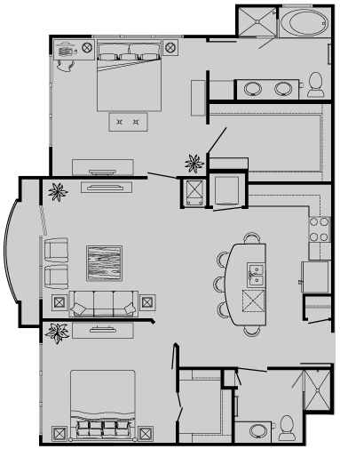 Floor plan for 2 beds, 2 baths, 1130 sqft