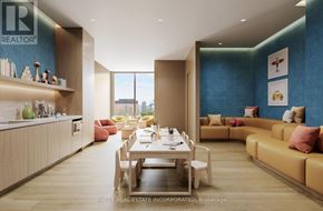 Toronto (Waterfront Communities) condo for rent - A modern dining room with a table set for two and a view of the city.