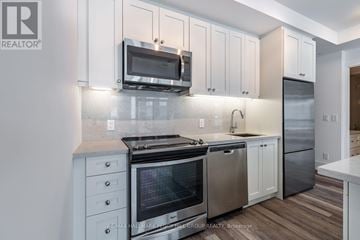 Innisfil condo for rent - A modern kitchen with white cabinets and stainless steel appliances.