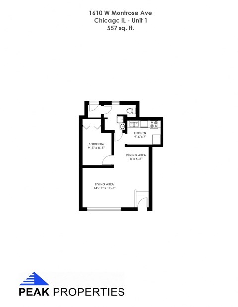 Floor plan for 1 bed, 1 bath, 495 sqft