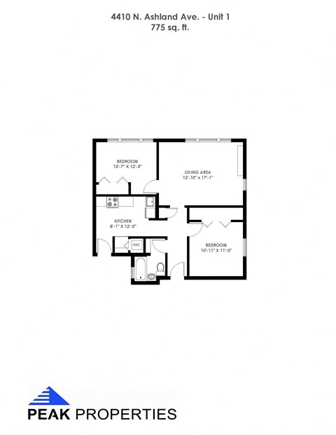 Floor plan for 2 beds, 1 bath, 775 sqft