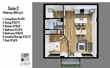 Moncton apartment for rent - A floor plan of Suite C, a 1 bedroom apartment, with a living room, dining room, kitchen, bedroom, bathroom, laundry/storage, and deck.