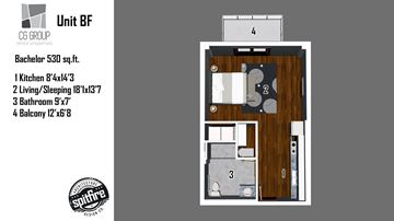 Moncton apartment for rent - A floor plan for a Bachelor 530 sq.ft. unit with a kitchen, living/sleeping area, bathroom, and balcony.