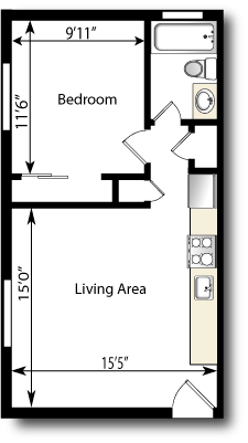Floor plan for 1 bed, 1 bath, 365 sqft
