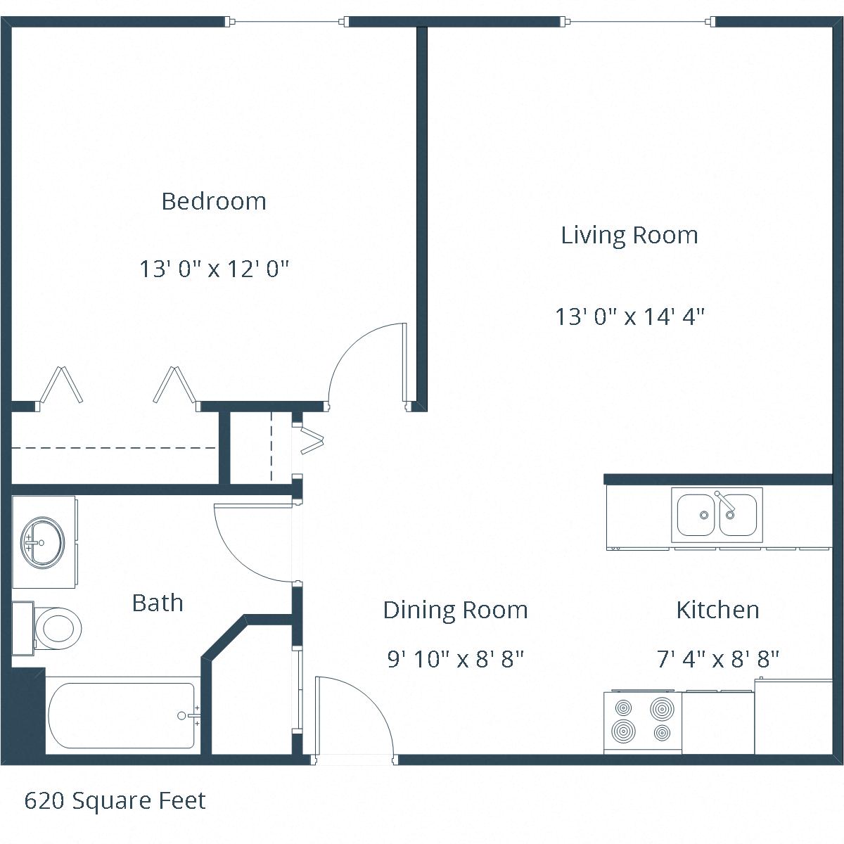 Floor plan for 1 bed, 1 bath, 620 sqft