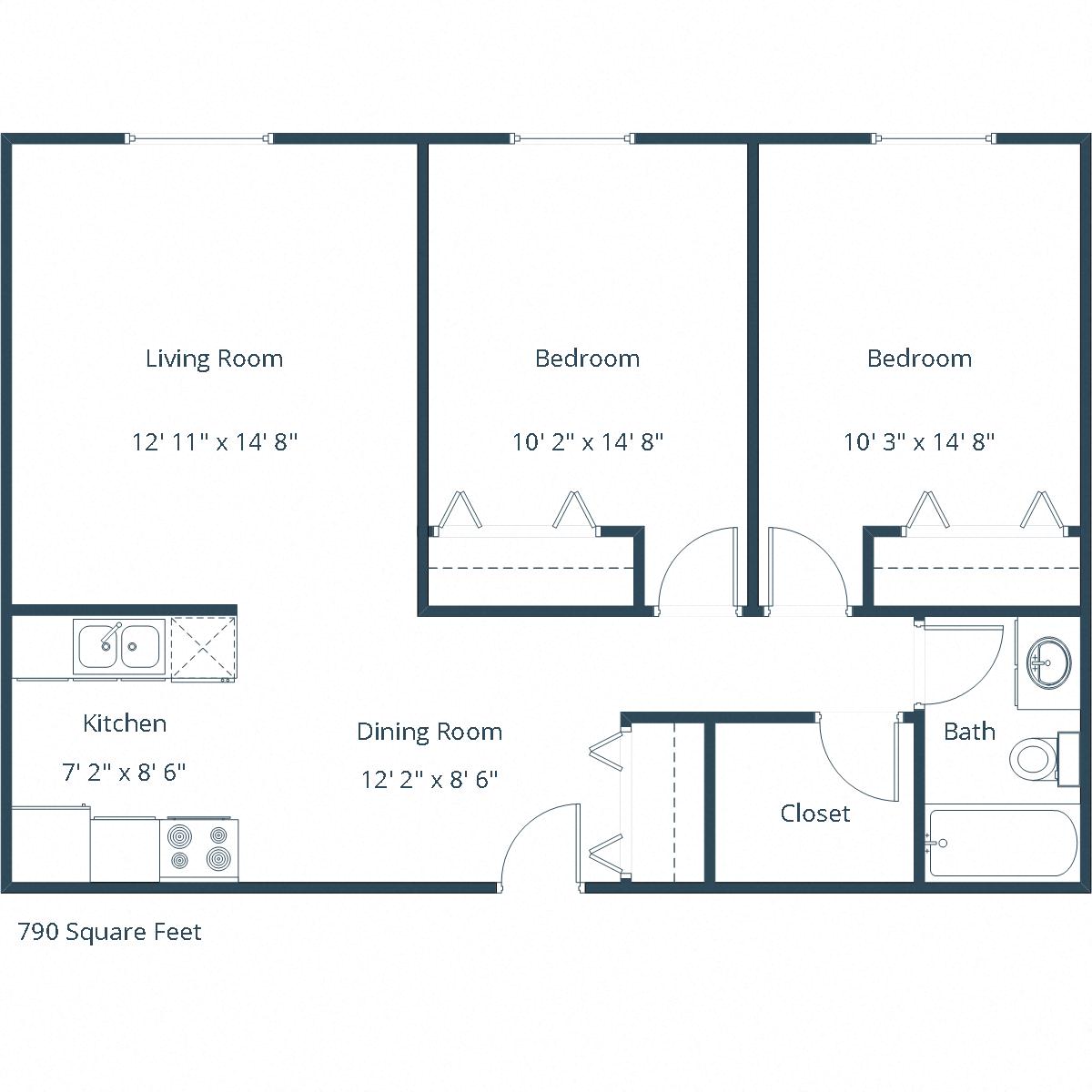 Floor plan for 2 beds, 1 bath, 790 sqft