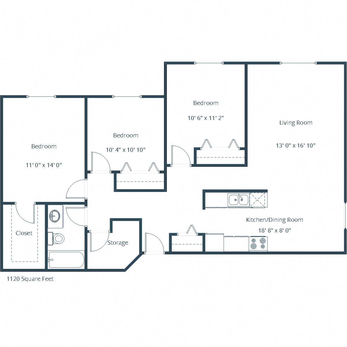 Floor plan for 3 beds, 1 bath, 1120 sqft