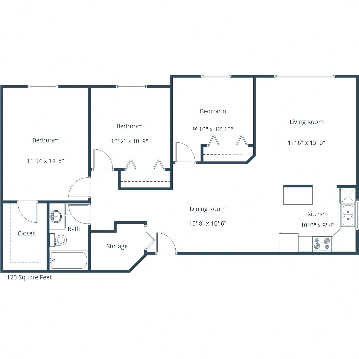 Floor plan for 3 beds, 1 bath, 1020 sqft