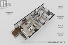 Collingwood townhouse for rent - A floor plan for a real estate listing shows a main floor unit with a living room, two bedrooms, a bathroom, and a utility room.