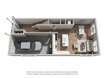 Cincinnati apartment for rent - A rendering of a modern apartment layout with a kitchen, living room, and bedroom.