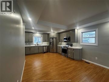 Merlin house for rent - A spacious kitchen with wood flooring and stainless steel appliances.