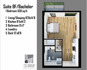 Moncton apartment for rent - A floor plan for a suite with a bedroom, living/sleeping area, kitchen, bathroom, laundry, and deck.