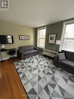 Brampton (Downtown Brampton) condo for rent - A living room with a grey sofa and a grey rug.
