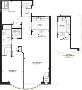 Markham (Middlefield) condo for rent - A floor plan for a home with a living room, dining room, kitchen, and bathrooms.