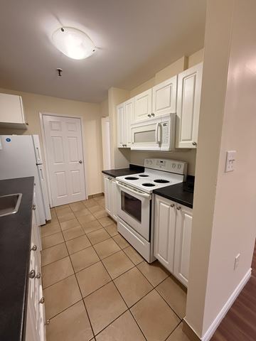 Halifax apartment for rent - A kitchen with white cabinets and a black stove top.