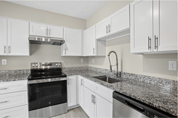 Atlanta apartment for rent - A kitchen with white cabinets and granite countertops.