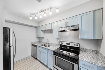 Atlanta apartment for rent - A kitchen with a black refrigerator and a granite countertop.