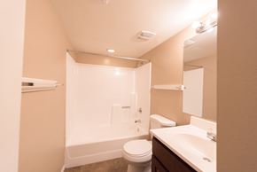 Phoenix apartment for rent - the preserve at ballantyne commons apartment bathroom with shower toilet and sink