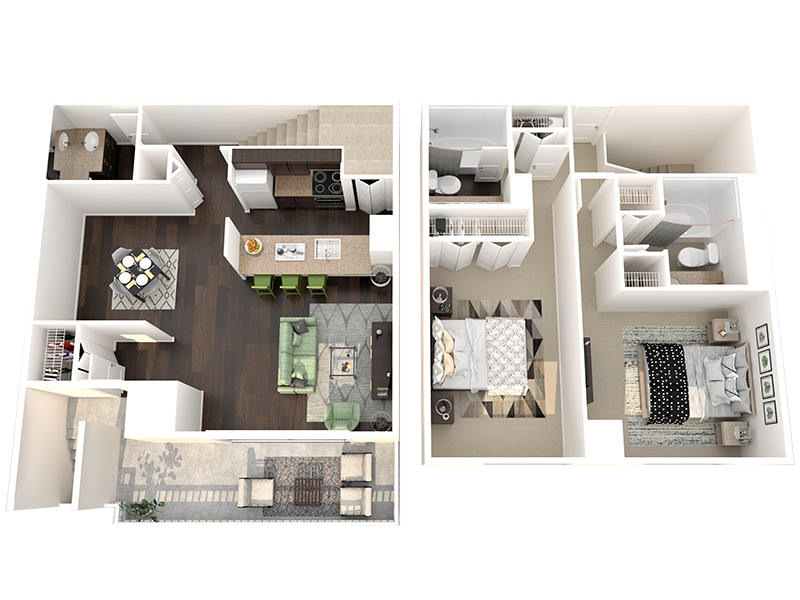Floor plan for 2 beds, 2.5 baths, 1200 sqft