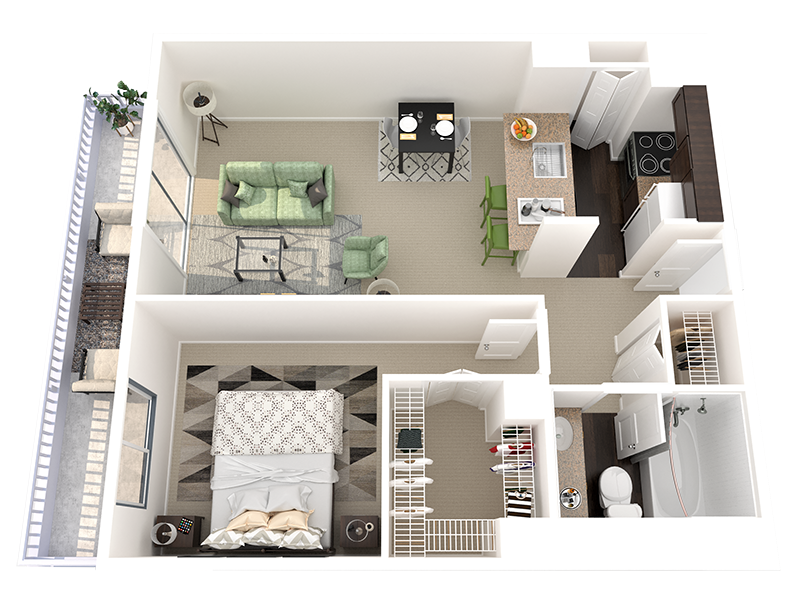 Floor plan for 1 bed, 1 bath, 740 sqft