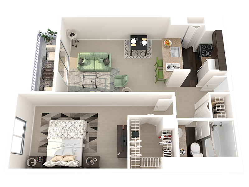 Floor plan for 1 bed, 1 bath, 740 sqft