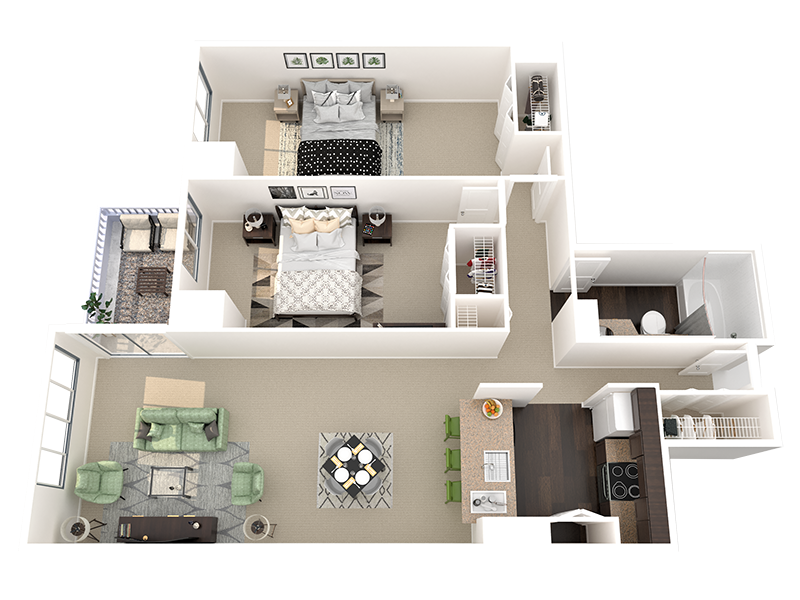 Floor plan for 2 beds, 1 bath, 897 sqft