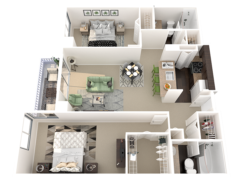 Floor plan for 2 beds, 2 baths, 1017 sqft