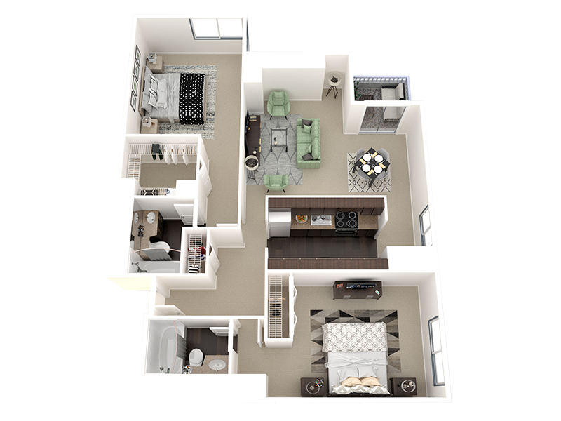 Floor plan for 2 beds, 2 baths, 1043 sqft