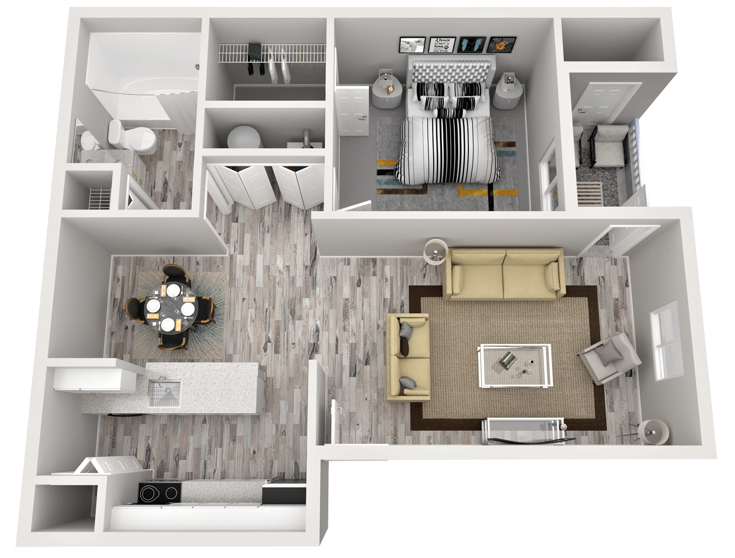 Floor plan for 1 bed, 1 bath, 750 sqft
