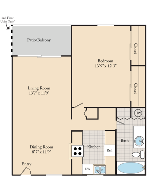 Floor plan for 1 bed, 1 bath, 725 sqft