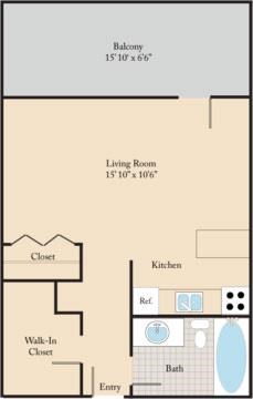 Floor plan for studio, 1 bath, 350 sqft