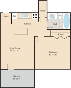 Floor plan for 1 bed, 1 bath, 470 sqft