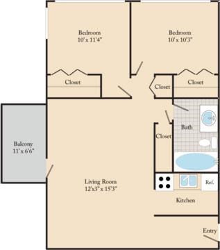 Floor plan for 2 beds, 1 bath, 700 sqft