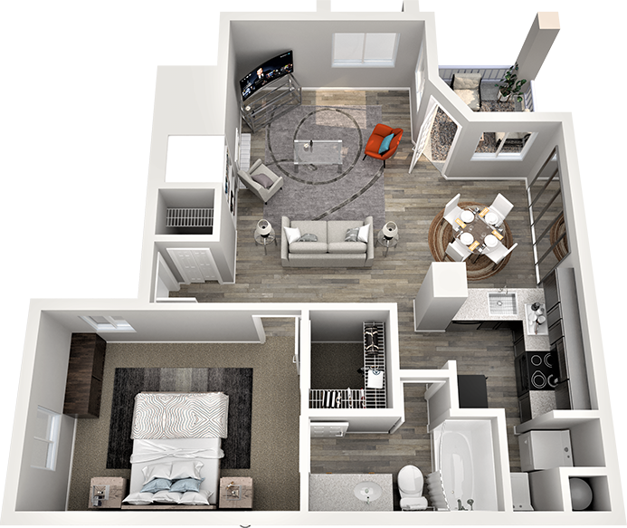 Floor plan for 1 bed, 1 bath, 750 sqft
