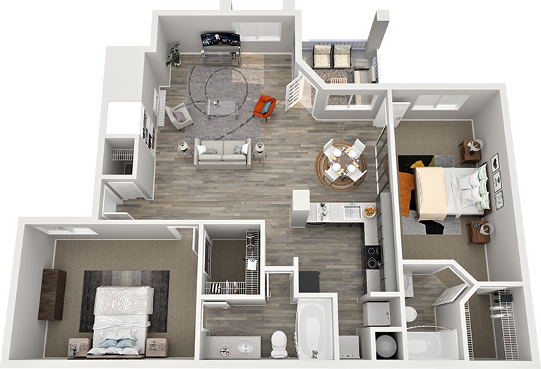 Floor plan for 2 beds, 2 baths, 975 sqft