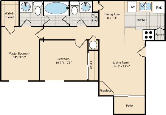 Floor plan for 2 beds, 1.5 baths, 850 sqft
