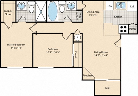 Floor plan for 2 beds, 2 baths, 850 sqft
