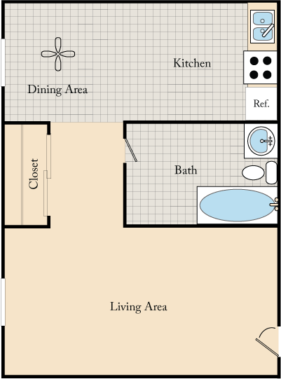 Floor plan for studio, 1 bath, 414 sqft