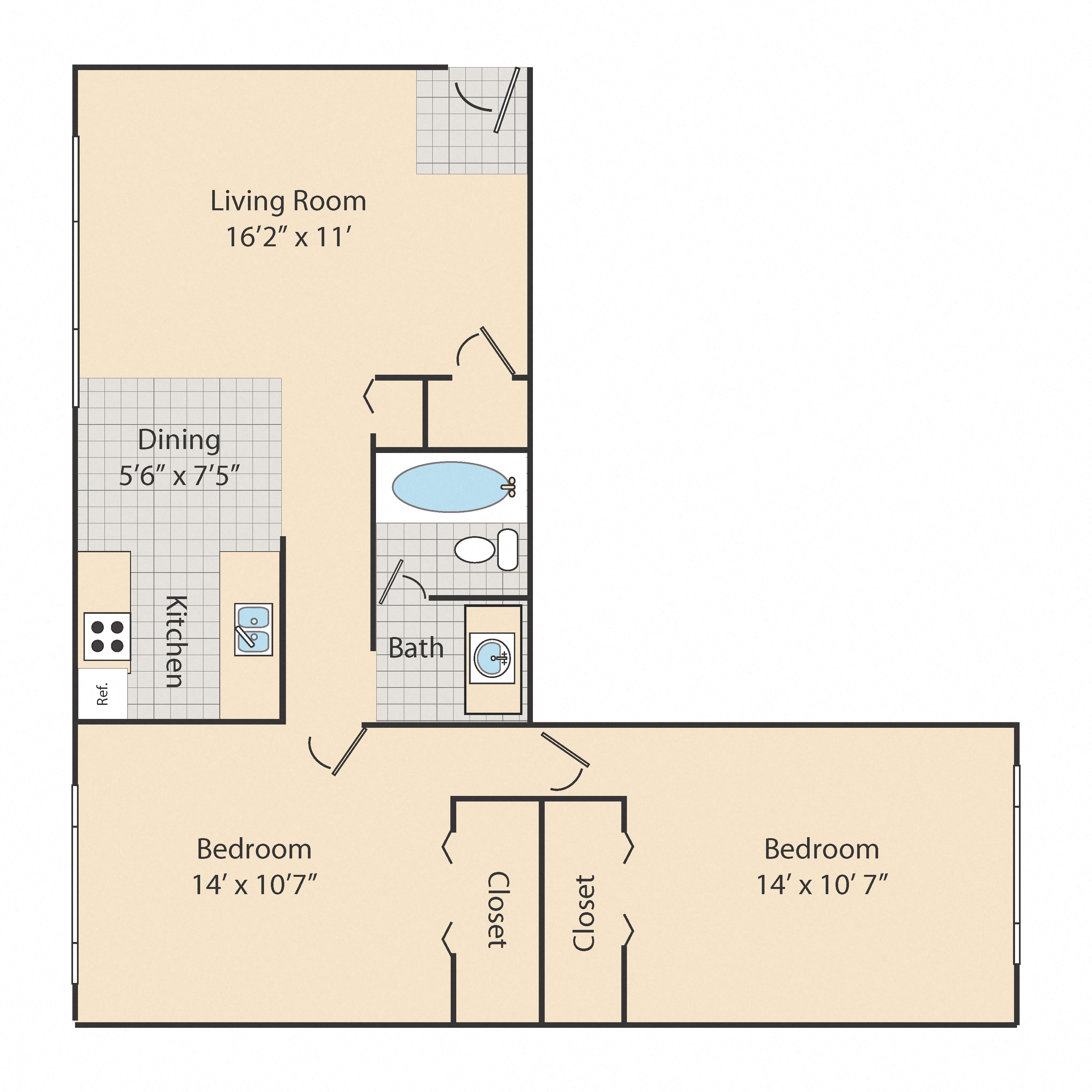 Floor plan for 2 beds, 1 bath, 750 sqft