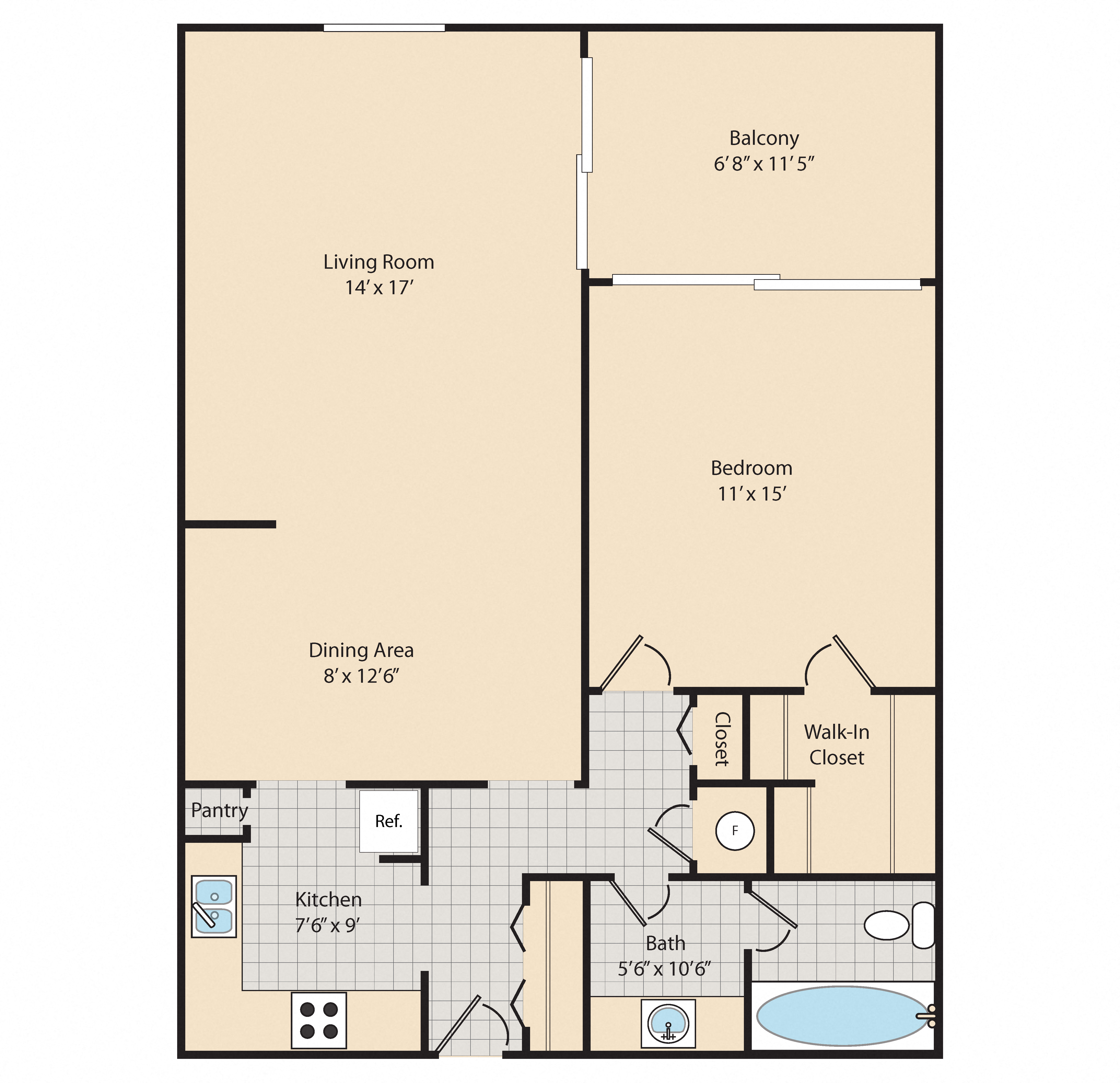 Floor plan for 1 bed, 1 bath, 840 sqft