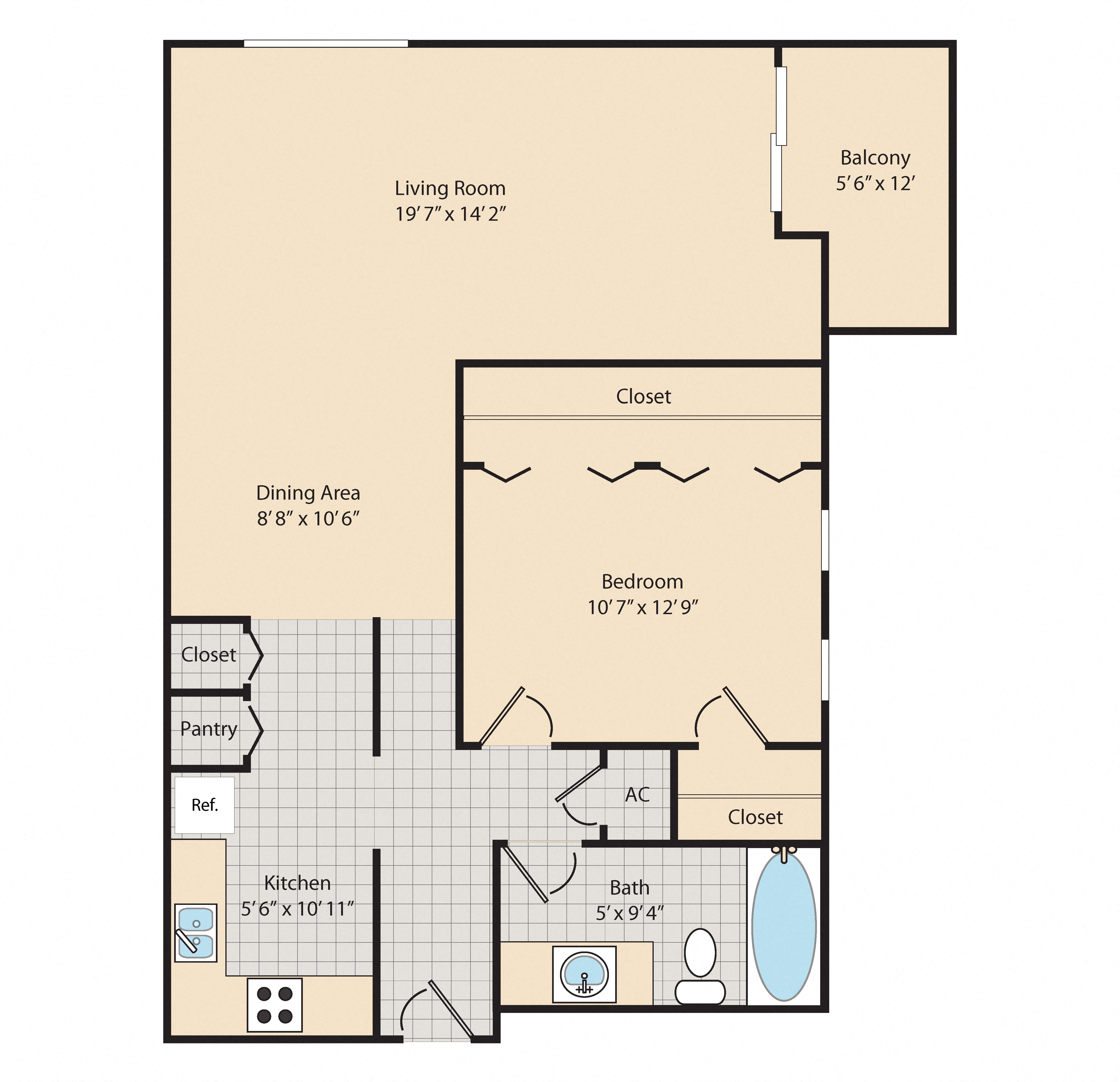 Floor plan for 1 bed, 1 bath, 743 sqft