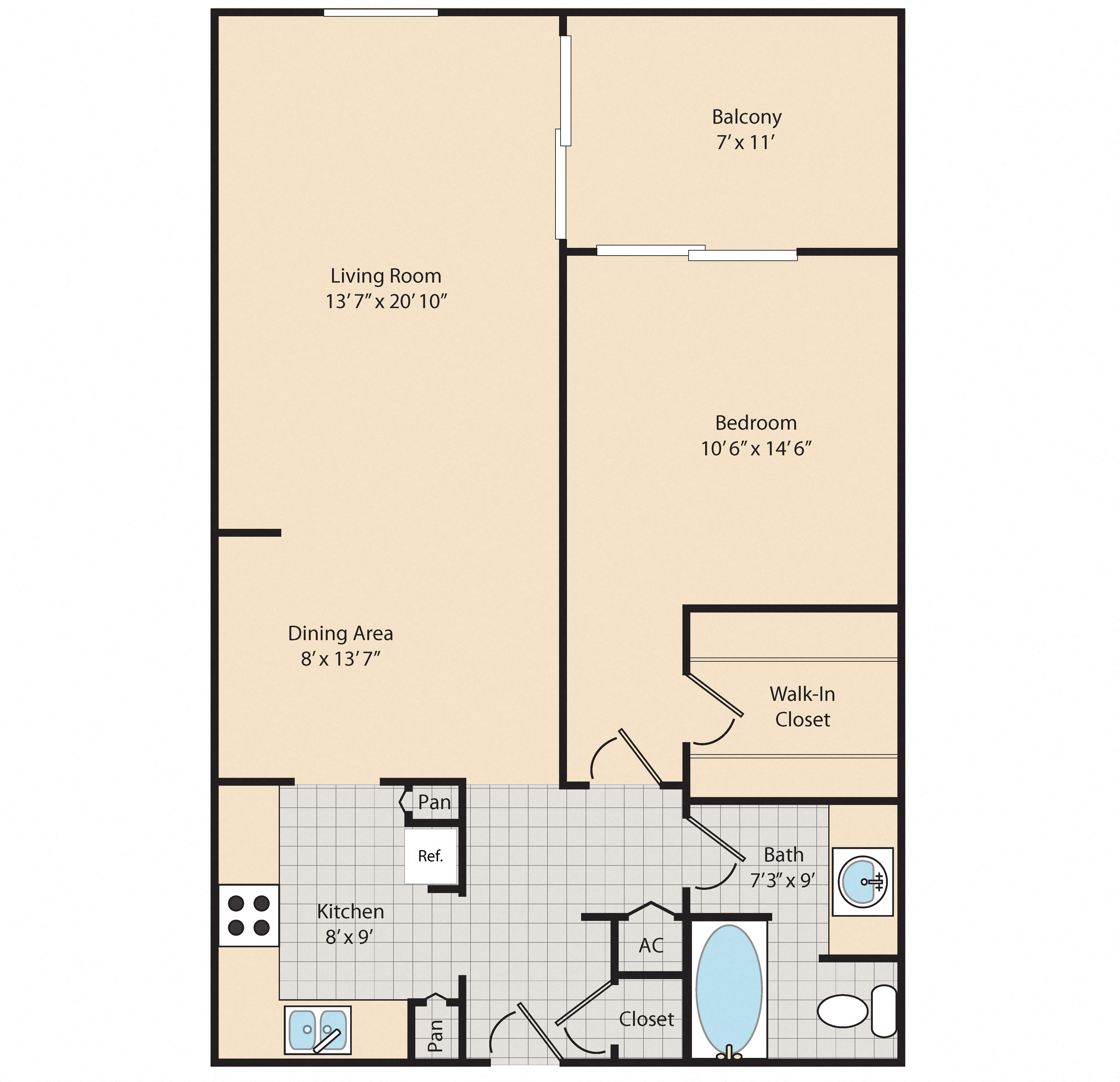 Floor plan for 1 bed, 1 bath, 777 sqft