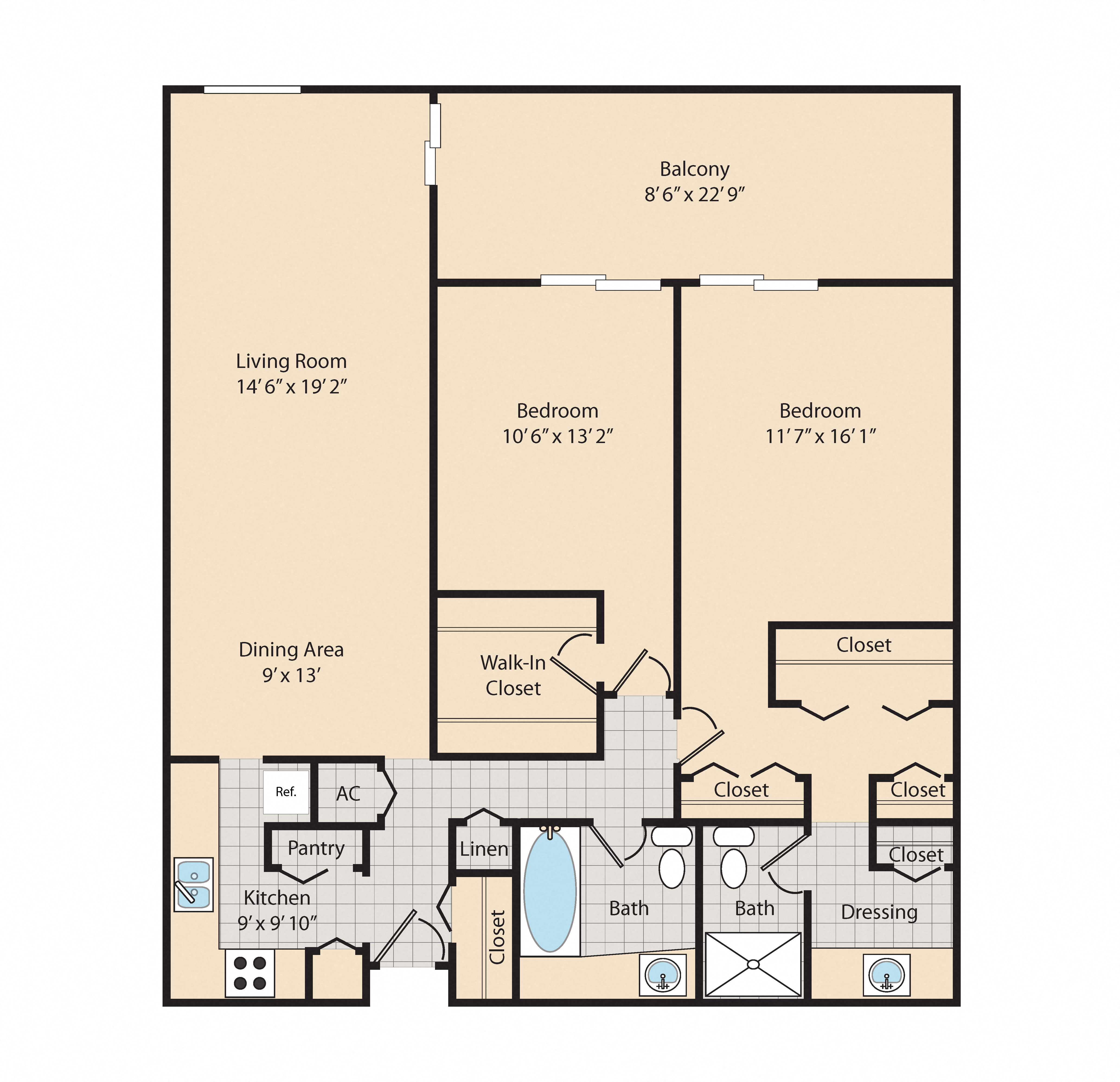 Floor plan for 2 beds, 2 baths, 1203 sqft